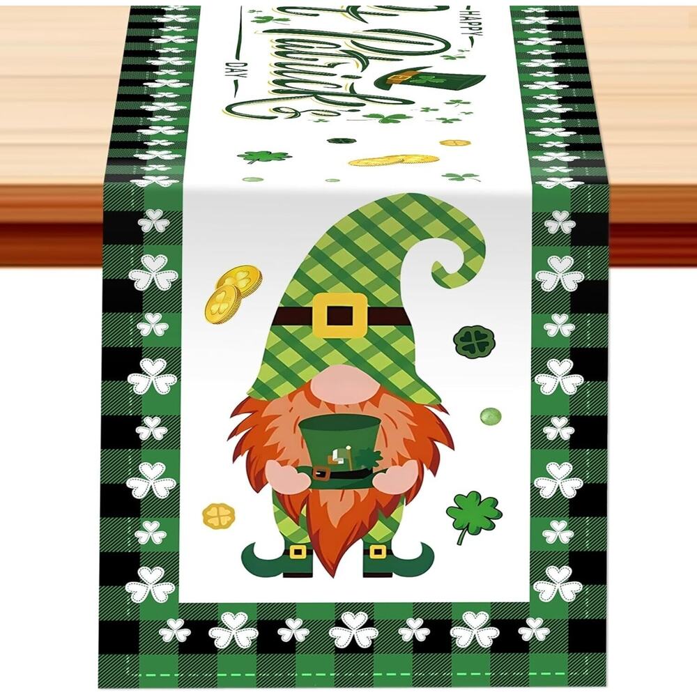 Happy St Patrick's Day Table Runner 13"x72" Gnome Leprechaun Green Shamrock